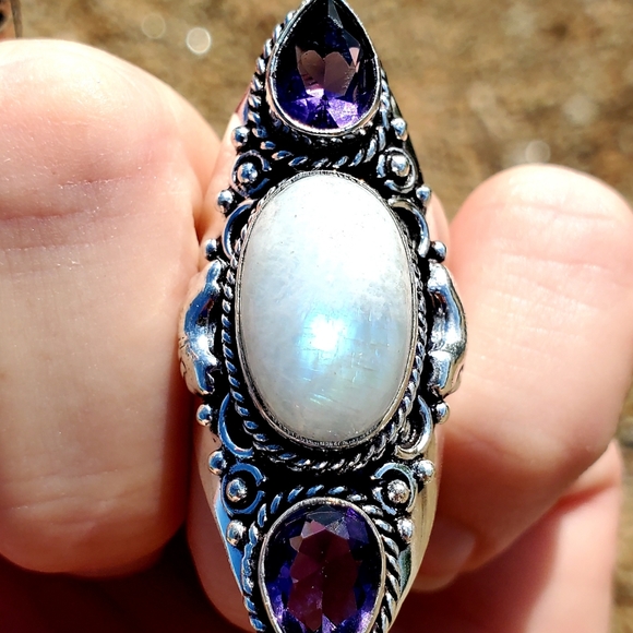 New Rainbow Moonstone & Amethyst 925 Silver Statement Ring. - Picture 8 of 16